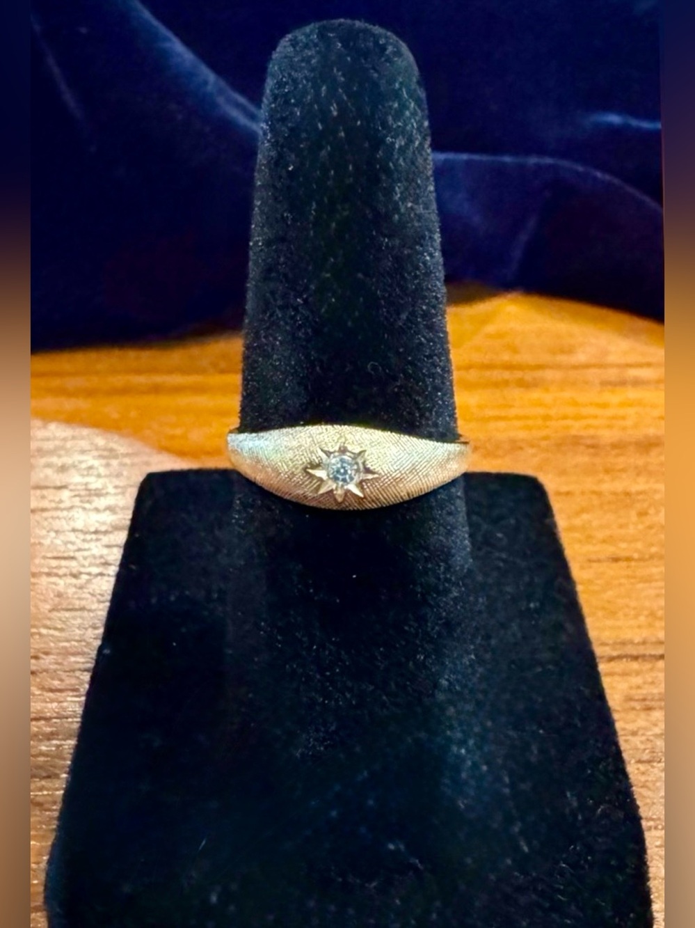 Vintage 1980 Avon Petite Starburst Pinky Ring, Textured Gold Tone, 1 Clear Stone
